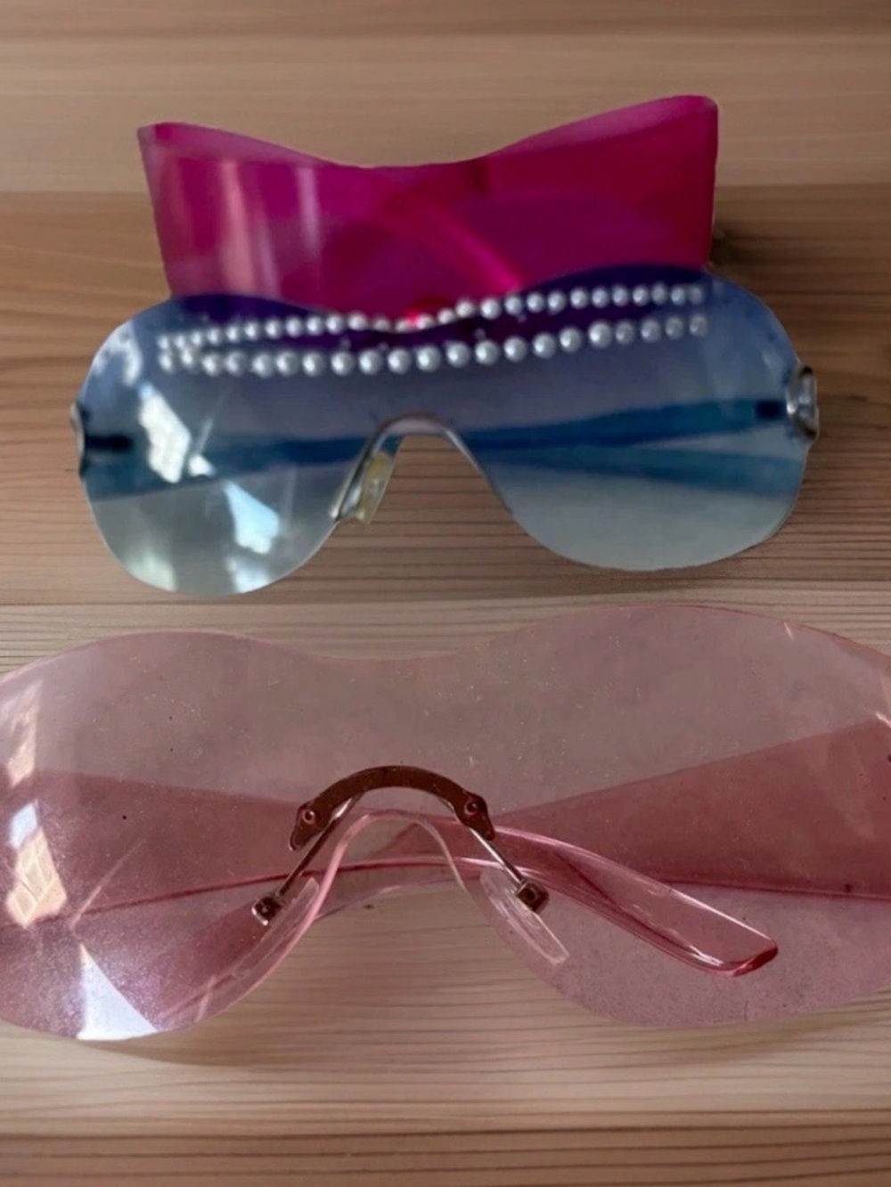 Y2K Pack of 3 Sunglasses Pink and Blue Shield Sunglasses with Pearl Accent